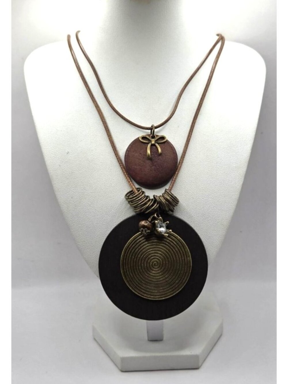 Layered Pendant Necklace With Wooden & Metal Accents Crystal Detail Adjustable C